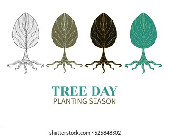 Set of isolated symbol tree style zentangl.Collection of four colored trees.Concept of tree day, planting season.