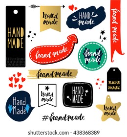 Set of isolated tags and emblems. Hand made lettering.