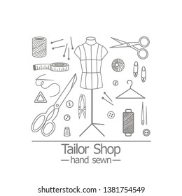 Set of isolated tailor shop icons and designed elements. Tailor shop theme. 