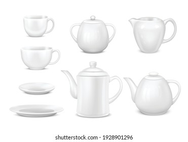 Set of isolated tea coffee realistic icons with shadows and closeup views of teapots and cups vector illustration