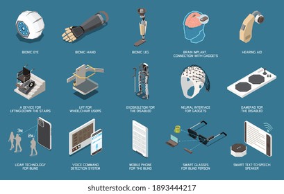 Conjunto de tecnología aislada para íconos de personas discapacitadas con imágenes aisladas de miembros biónicos y microchips ilustración vectorial