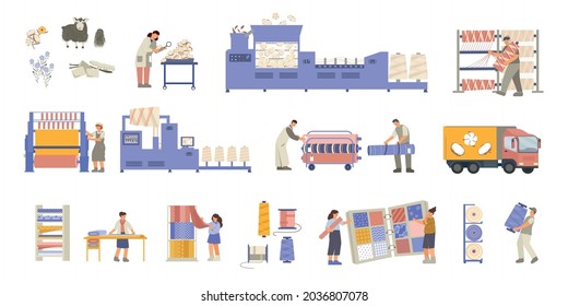 Set of isolated textile factory icons with flat images of fabric rolls plant facilities and workers vector illustration