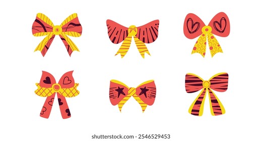 Set of isolated textured bows or ribbons in a flat vector style
