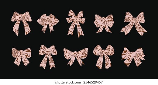 Set of isolated textured bows or ribbons in a flat vector style