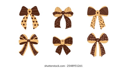 Set of isolated textured bows or ribbons in a flat vector style