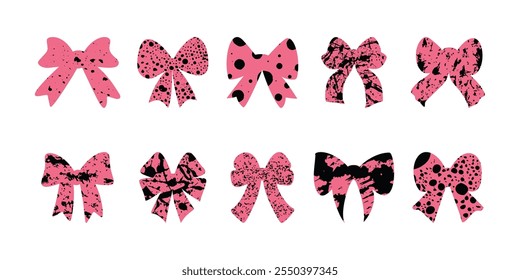 Set of isolated textured bows or ribbons in a flat vector style