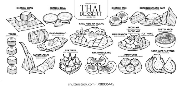 Set of isolated Thai dessert in 14 menu. Cute hand drawn food vector illustration in black outline and white plane on white background.