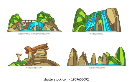 Set of isolated Thailand natural landscapes. Thi Lo Su and Mae Sa, Chiang Mai waterfall, Doi Suthep-Pui and Taem, Khao Sok national parks. Asian nature seesight, tourism and resort map. Nature