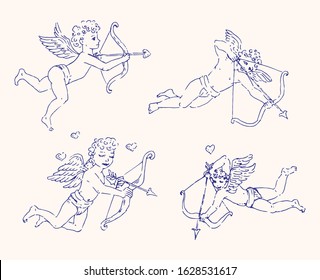 Set of isolated thin line Cupid illustrations. Valentine's day icons. 10 eps design elements. Hand drawn collection of angels of love.