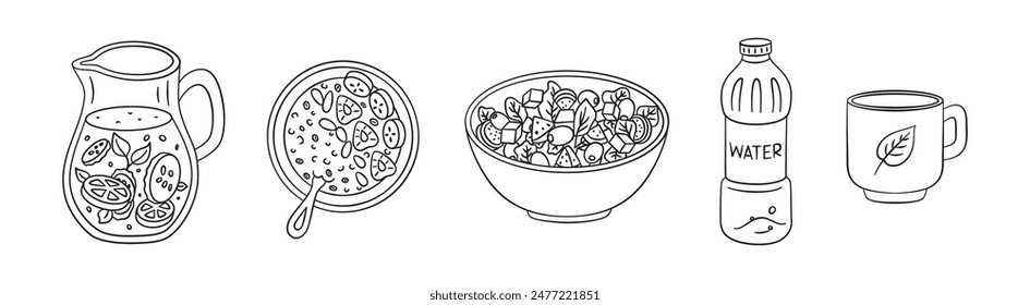 Set of isolated thin line diet food and drink icons. Collection of vector healthy lifestyle illustrations
