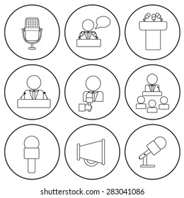Set of isolated thin line icons on public speaking theme with people, microphones, speakers, tribunes for business presentation, seminar or conference for your design
