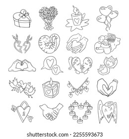 Set of isolated thin line illustrations for Valentine's day. Collection of 20 thin line love hand drawn icons for design, cover etc.