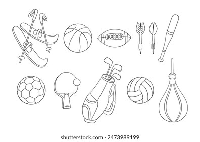 Set of isolated thin line sport icons. Collection of vector sports equipment illustrations