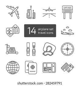 Set of isolated thin lined outlined icons. Tools and accessories for airplane travel. Vector illustration