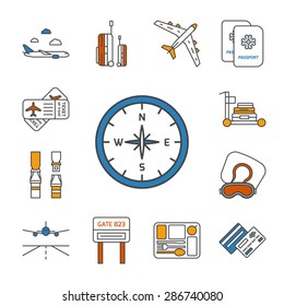 Set of isolated thin lined outlined icons. Tools and accessories for airplane travel. Vector illustration