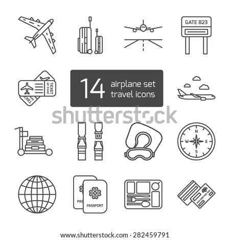 Set of isolated thin lined outlined icons. Tools and accessories for airplane travel. Vector illustration