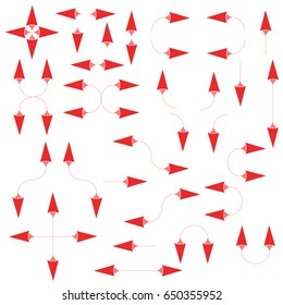 Set of isolated thin red arrows on white background. This collection is suitable for presentations and for other marketing products, can also be used as cursors and other design elements.