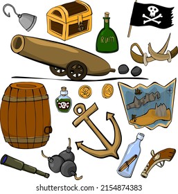 Conjunto de cosas aisladas para el barco pirata. Ilustración vectorial. Estilo de caricatura.