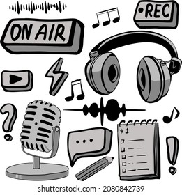 Set von Einzelteilen für Podcast. Vektorgrafik. 