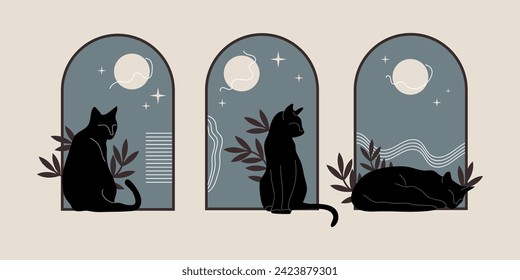 Set of isolated three mystical magical black cats and starry night. Collection, cats with stars, moon. Vector illustration luxury, celestial, esoteric, boho style