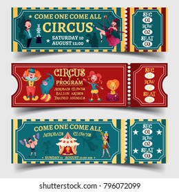 Set of isolated tickets for circus entertaining show with strongman and lady with snake, clown with elephant on ball and magician, acrobat or equilibrist. Performance and amusement, carnival theme