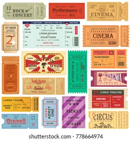 Set of isolated tickets or coupons for movie or film at cinema, theater or theatre, rock concert or entertainment music performance, circus passes on paper. Festival and premiere entrance passes