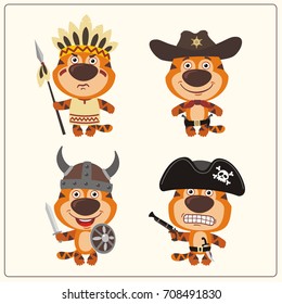 Set isolated tiger in cartoon style in costume of viking, american indian, cowboy and pirate.