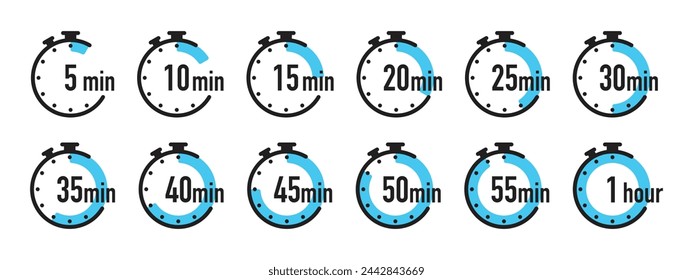 A set of isolated timer icons. Stopwatch, clock, timer for five, ten, fifteen minutes, and so on.