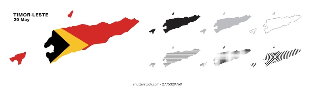 Set of isolated timor leste maps. timor leste flag overlaid with flag proportions. Maps and traveling around the world