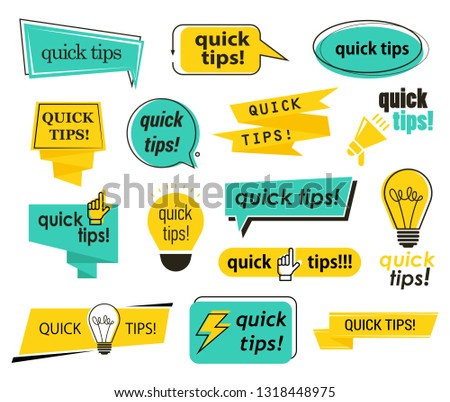 Set of isolated tips icons with hand and bulb, lamp and megaphone, phrases. 