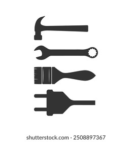 Conjunto de equipo de herramienta aislado Llave de martillo Pincel y enchufe eléctrico Icono Ilustración Diseño Vector