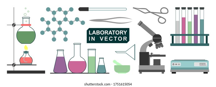 A SET OF ISOLATED TOOLS FOR LABORATORY EXPERIMENTS ON A WHITE BACKGROUND IN A VECTOR