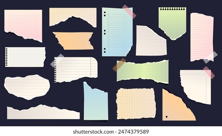 Set of isolated torn paper or note pieces. Notebook sheet ripped or scrapbook page with shred border. Isolated crumpled background or backdrop element. Page texture for message. Blank print note