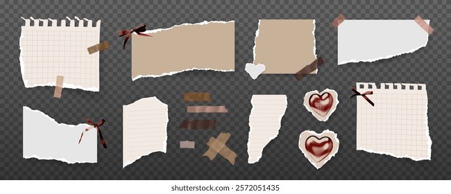 Set of isolated torn paper pieces with ripped edges, notepad sheets, tape strips, heart stickers, halftone ribbons and decorative tapes. Collection for retro collages, vintage designs, scrapbooking. 