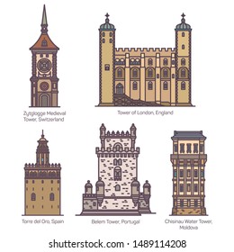 Set of isolated towers of Switzerland and Spain, England or UK, Portugal and Moldova. Zytglogge medieval and London tower, Torre del Oro and Belem, Chisinau water tower. Architecture buildings