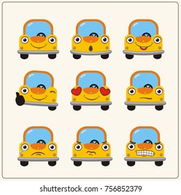 Set of isolated toy cars in different emotions in cartoon style.