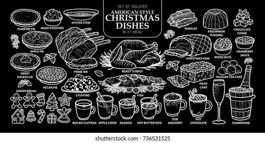Set von abgelegenen traditionellen amerikanischen Weihnachtsgerichten in 27 Menüs. Hell gezeichnete, handgezeichnete Vektorgrafik auf weißem Hintergrund.
