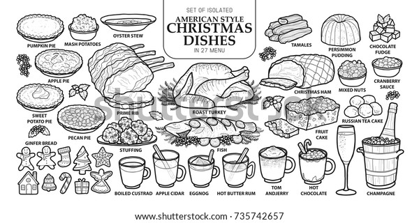 27種類のメニューにある アメリカの伝統的なクリスマス料理のセット 暗いグレイの輪郭と白い背景に白い平面にかわいい手描きの食べ物ベクターイラスト のベクター画像素材 ロイヤリティフリー