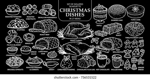 Conjunto de aislados platos tradicionales ingleses de Navidad en 27 menús. Ilustración portadora de alimentos dibujada a mano en contorno blanco sobre fondo negro.