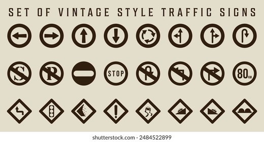 set of isolated traffic signs icon vintage vector illustration template graphic design. bundle collection of various warning prohibitory mandatory sign or symbol with retro style for road rules