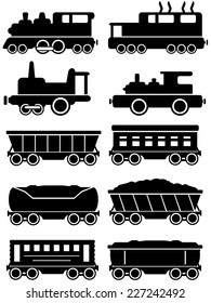 set isolated trains with freight and passenger car  silhouette for rail way