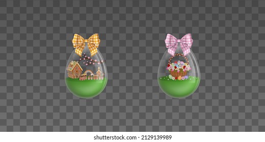 Set of isolated transparent easter eggs with bows. glass eggs with decorations and landscapes