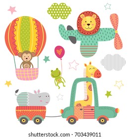 set of isolated transport with baby jungle animals - vector illustration, eps
