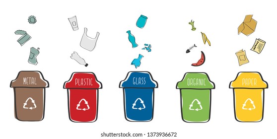 Set of isolated trash cans with sorted garbage. Different types of garbage: Organic, Plastic, Metal, Paper, Glass. Vector cartoon concept of Waste sorting. Collection of garbage types