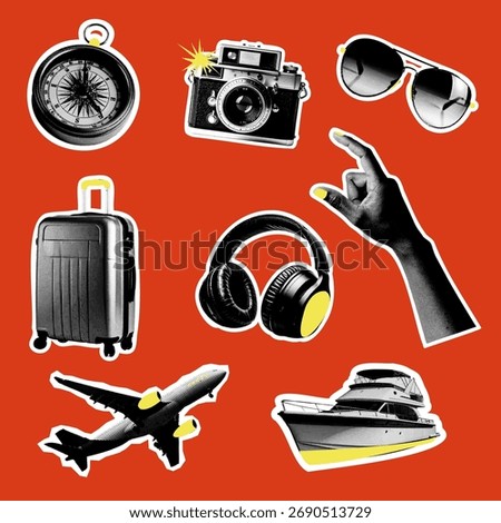 Set of isolated travel essentials in sticker collage style: suitcase, compass, sunglasses, airplane, camera, ship, hand gesture, and headphones. Ideal for vacation themes, lifestyle content, blogs. 