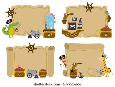 set of isolated treasure maps with animal pirates  - vector illustration, eps