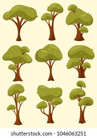 Set of isolated tree or wood with different types of crown and trunk. Summer or spring shrub or bush with leaves. Plants with foliage for garden, timber. Botany and ecology, forest and nature theme