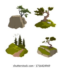 Set of Isolated trees. Nature landscape with forest plants, fir and mountains. Outdoor scene in cartoon style on white background. Natural scenery. Vector illustration