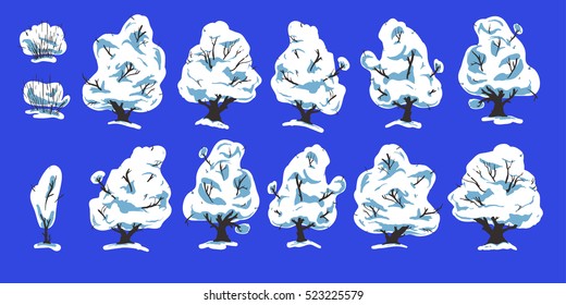 Set Of Isolated Trees In Snow. Vector Template In Cartoon Style For Your Design. 