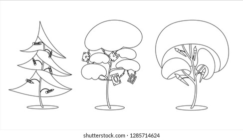 Set of isolated trees and a spruce with fruit in shape of books, pencils and paint brushes. Colouring page, white background, flat cartoon style vector illustration.